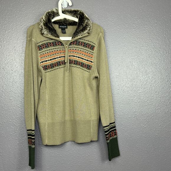 ATHLETA Womens Small Nordic Zip Sweater Faux Fur Trim Coat Wool Acrylic - Picture 1 of 5